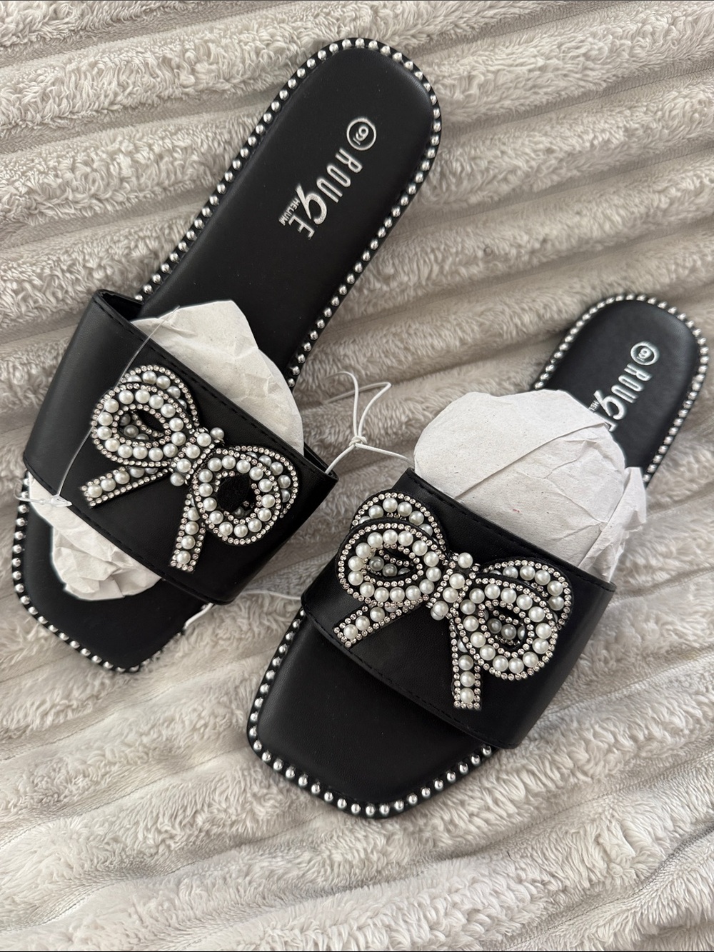 Rogue Black Pearl Bow Slide Sandals with Stud Trim